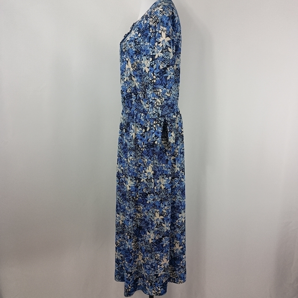 Vintage 80s Homemade Women's Blue Floral Blouson Long Maxi Dress Bloomcore Retro - Picture 3 of 9
